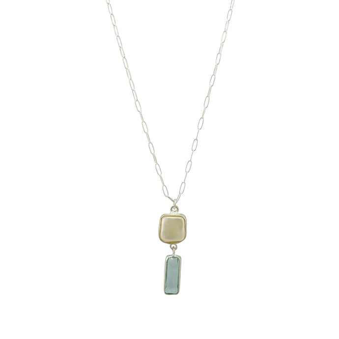 Square Pearl with Blue Quartz Rectangle Necklace